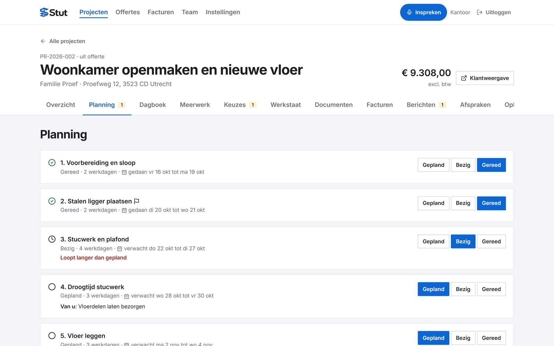Planning in Stut: fases met status en verwachte datums